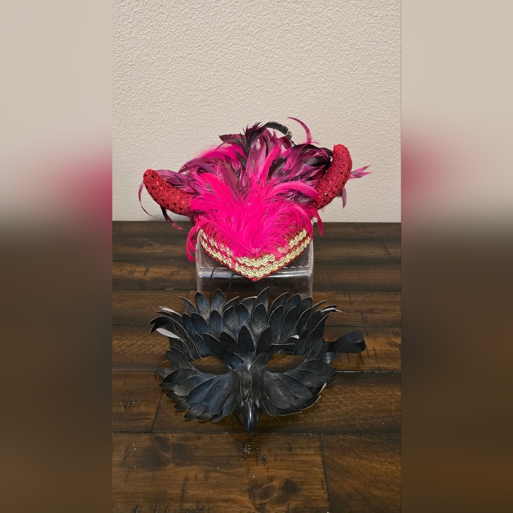 Red Feather & Sequin Costume Hat and Black Pleather Falcon Mask Both Adult Size